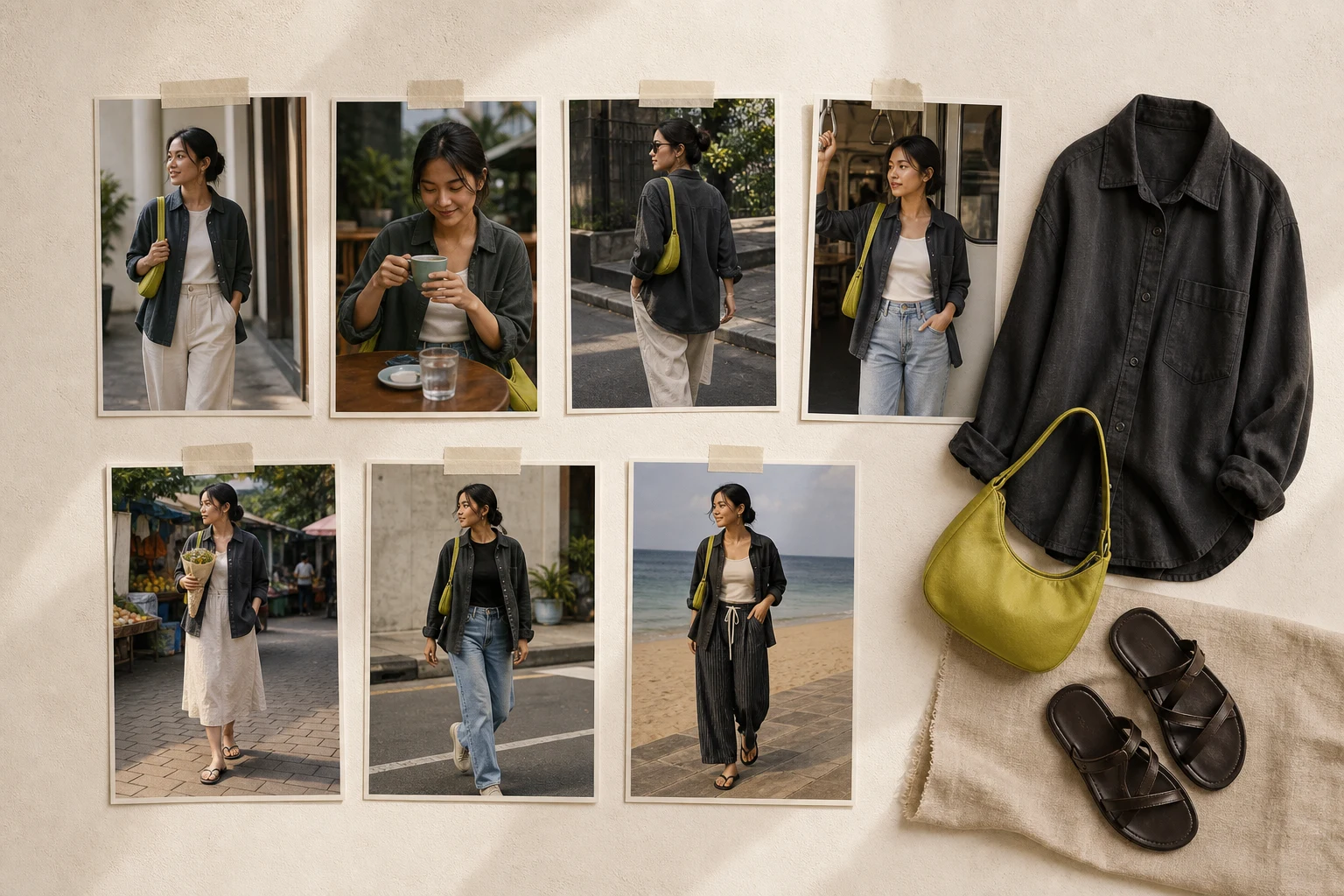 Pola gaya terlihat dari pilihan yang berulang Tujuh foto outfit harian yang memperlihatkan pola warna, item, dan personal style