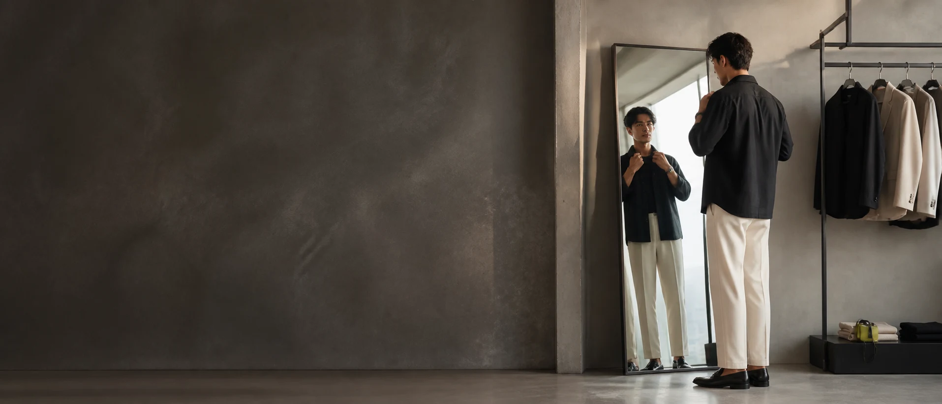 Pria menata outfit smart casual di depan cermin dan lemari pakaian