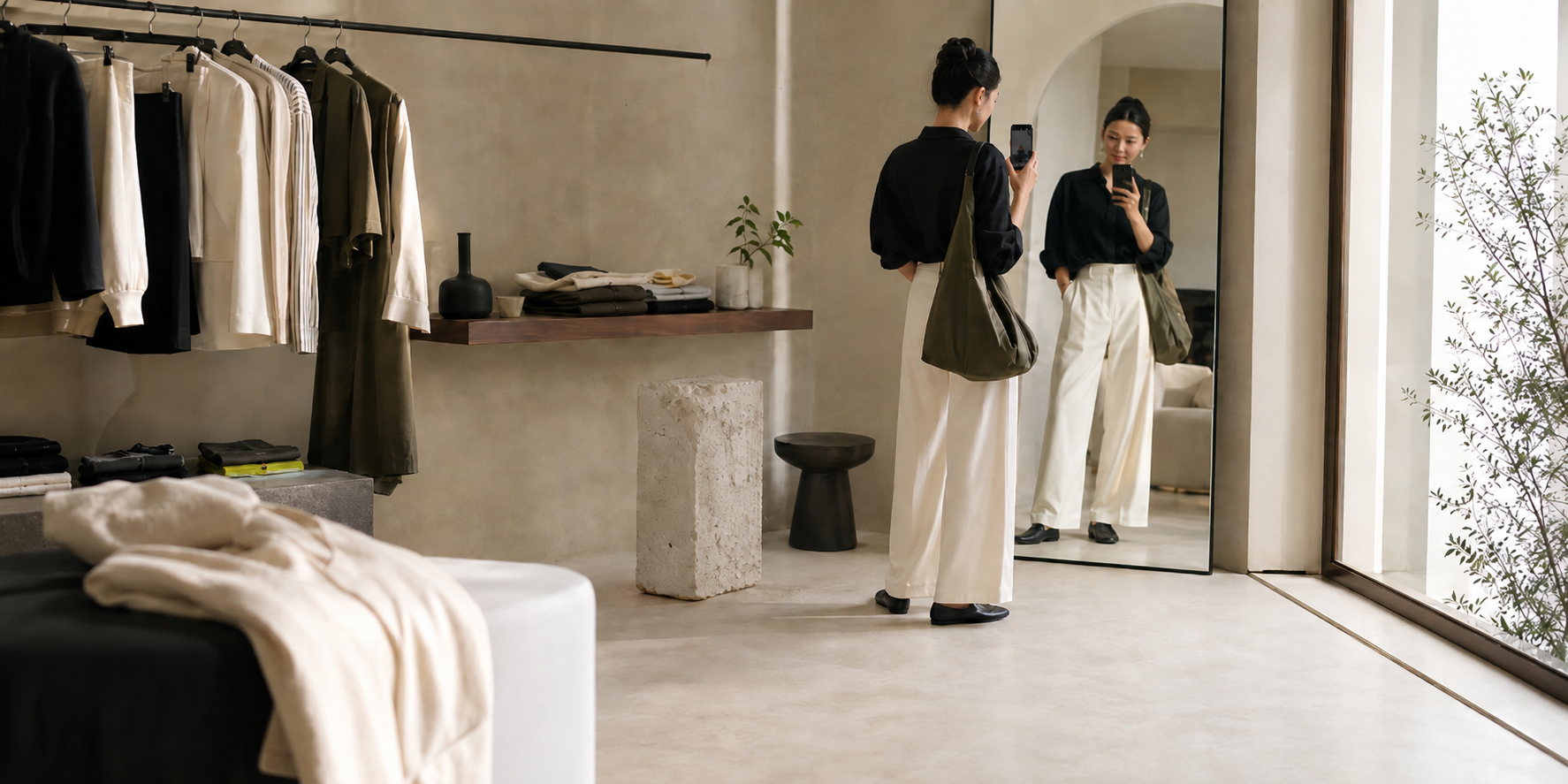 Perempuan memotret outfit smart casual di depan cermin dalam studio wardrobe