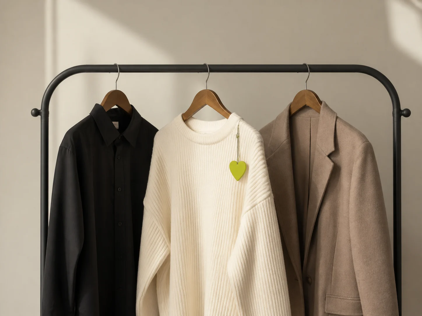 Tiga pakaian pilihan berwarna hitam, ivory, dan taupe dalam sebuah wishlist