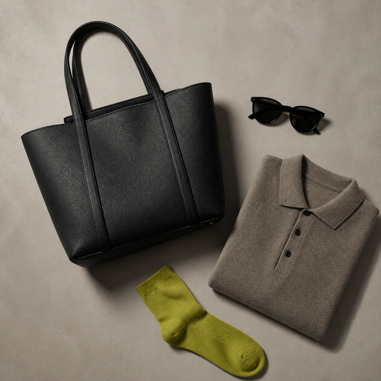 Tas tote, knit polo, kacamata, dan kaus kaki lime dalam flat lay editorial