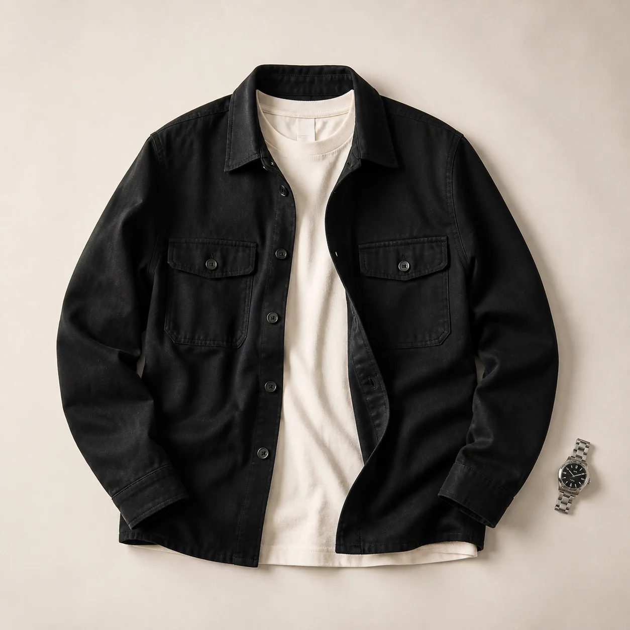 Overshirt hitam, kaos ivory, dan jam tangan dalam flat lay editorial