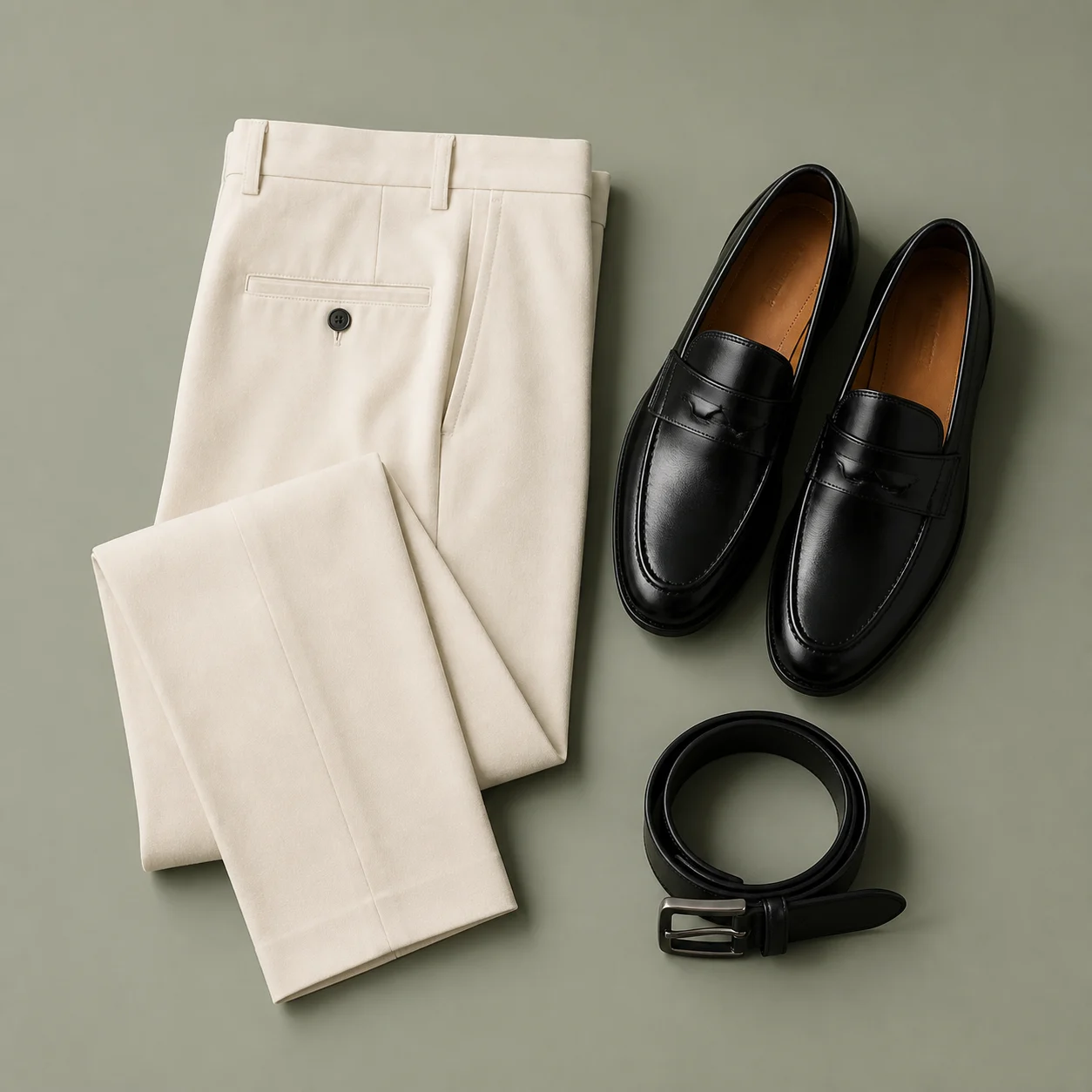 Celana tailored ivory, loafers hitam, dan ikat pinggang dalam flat lay editorial