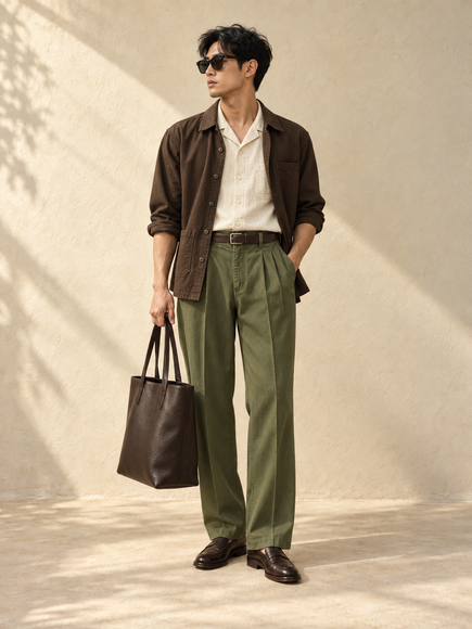 Contoh outfit dengan overshirt dan celana panjang